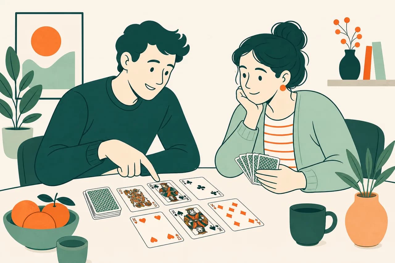 Joueurs comptant les points d'une manche de belote autour d'un jeu de cartes