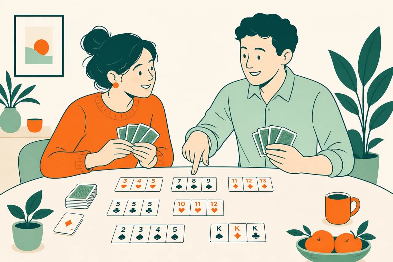 Deux personnes apprenant le rami autour d'un jeu de cartes