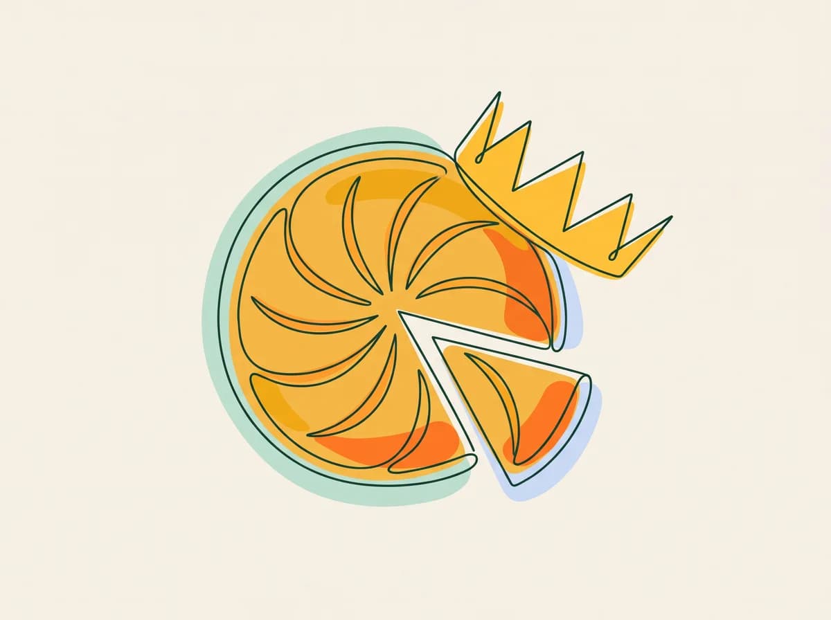 Galette des rois dorée vue de dessus, une part écartée et une couronne en papier posée sur son bord
