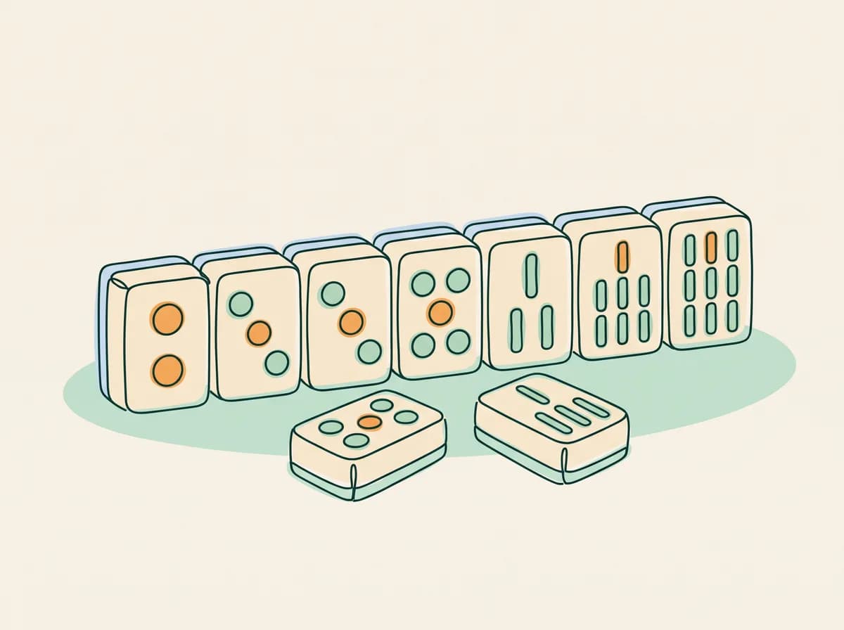 Quelques tuiles de mahjong des familles cercles et bambous, alignées sur une table (le jeu compte aussi d'autres familles)